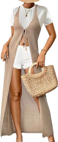 SHENHE Women's Tie Front Long Cardigan Sleeveless Deep V Neck Knitted Drape Maxi Sweater Vest in Saudi Arabia