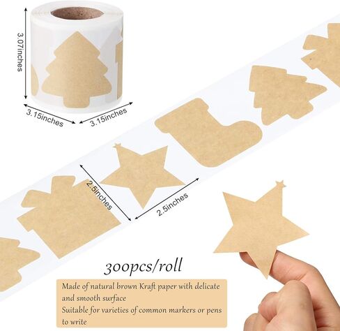 300 2.5"x2.5" Pieces Christmas Themed Kraft Paper Label Stickers Brown Kraft Sticker Tags Labels Christmas Name Tags for Xmas Gift in 4 Shapes Include Tree Star Sock and Gift Box in Saudi Arabia