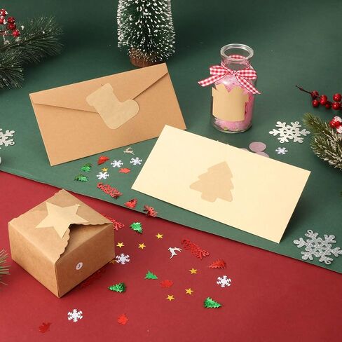 300 2.5"x2.5" Pieces Christmas Themed Kraft Paper Label Stickers Brown Kraft Sticker Tags Labels Christmas Name Tags for Xmas Gift in 4 Shapes Include Tree Star Sock and Gift Box in Saudi Arabia