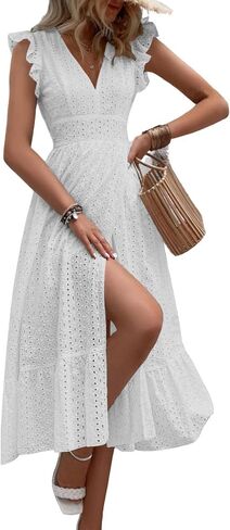 chouyatou Women's Summer Flutter Sleeve Embroidery Eyelet Lace Dress V-Neck A-Line Beach Sun Dress in Saudi Arabia