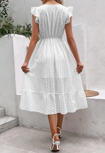 chouyatou Women's Summer Flutter Sleeve Embroidery Eyelet Lace Dress V-Neck A-Line Beach Sun Dress in Saudi Arabia