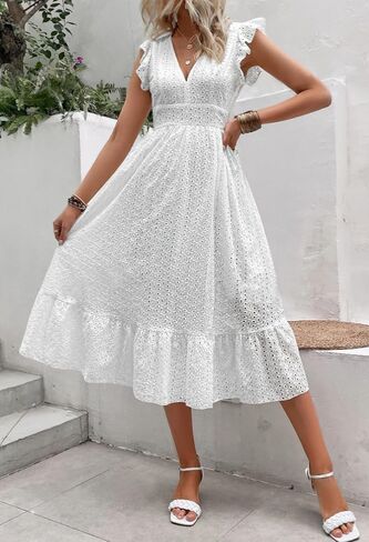 chouyatou Women's Summer Flutter Sleeve Embroidery Eyelet Lace Dress V-Neck A-Line Beach Sun Dress in Saudi Arabia