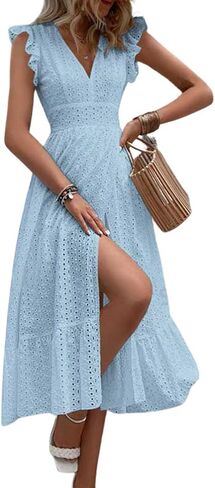 chouyatou Women's Summer Flutter Sleeve Embroidery Eyelet Lace Dress V-Neck A-Line Beach Sun Dress in Saudi Arabia