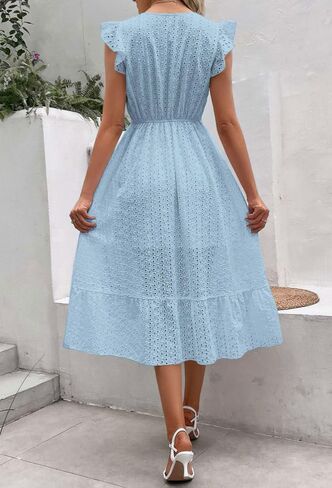 chouyatou Women's Summer Flutter Sleeve Embroidery Eyelet Lace Dress V-Neck A-Line Beach Sun Dress in Saudi Arabia