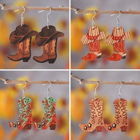 Western Country Cool Cowgirl Cowboy Boot Hat Double-sided Print Lightweight Wooden Drop Dangle Earrings Y2K Boho Vintage Party Cute Jewelry for Women in Saudi Arabia