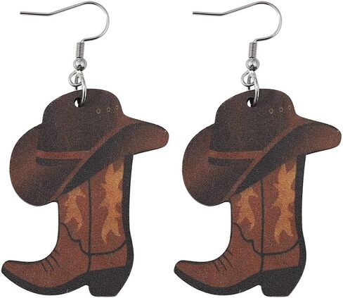 Western Country Cool Cowgirl Cowboy Boot Hat Double-sided Print Lightweight Wooden Drop Dangle Earrings Y2K Boho Vintage Party Cute Jewelry for Women in Saudi Arabia