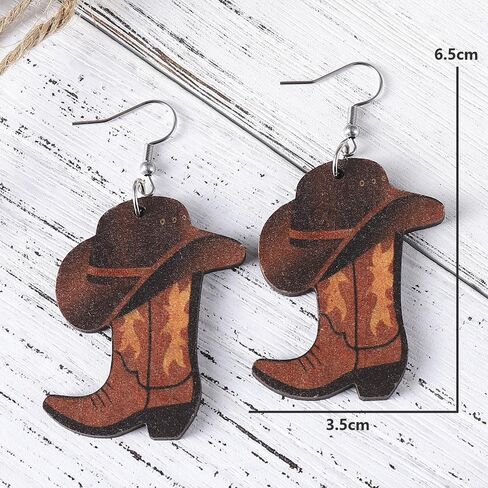 Western Country Cool Cowgirl Cowboy Boot Hat Double-sided Print Lightweight Wooden Drop Dangle Earrings Y2K Boho Vintage Party Cute Jewelry for Women in Saudi Arabia