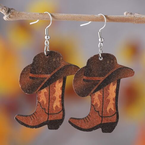 Western Country Cool Cowgirl Cowboy Boot Hat Double-sided Print Lightweight Wooden Drop Dangle Earrings Y2K Boho Vintage Party Cute Jewelry for Women in Saudi Arabia