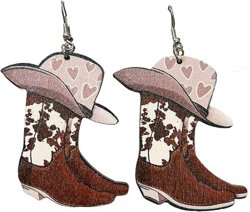 Western Country Cool Cowgirl Cowboy Boot Hat Double-sided Print Lightweight Wooden Drop Dangle Earrings Y2K Boho Vintage Party Cute Jewelry for Women in Saudi Arabia