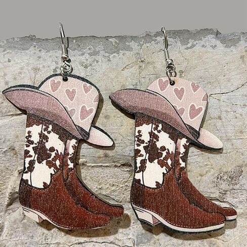 Western Country Cool Cowgirl Cowboy Boot Hat Double-sided Print Lightweight Wooden Drop Dangle Earrings Y2K Boho Vintage Party Cute Jewelry for Women in Saudi Arabia