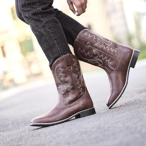 Metrocharm Men's Cowboy Western-02 Embroidered Square Toe Mid-Calf Boots in Kuwait
