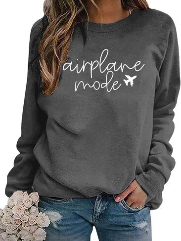 Women Airplane Mode Sweatshirt Funny Letter Print Travel Tops Casual Long Sleeve Spring Fall Winter Pullover Top in Saudi Arabia