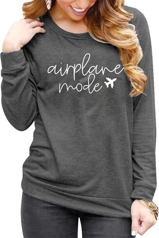 Women Airplane Mode Sweatshirt Funny Letter Print Travel Tops Casual Long Sleeve Spring Fall Winter Pullover Top in Saudi Arabia