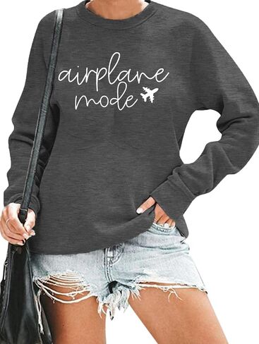 Women Airplane Mode Sweatshirt Funny Letter Print Travel Tops Casual Long Sleeve Spring Fall Winter Pullover Top in Saudi Arabia