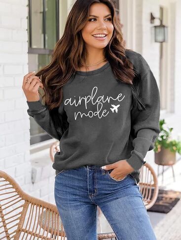 Women Airplane Mode Sweatshirt Funny Letter Print Travel Tops Casual Long Sleeve Spring Fall Winter Pullover Top in Saudi Arabia