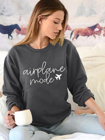 Women Airplane Mode Sweatshirt Funny Letter Print Travel Tops Casual Long Sleeve Spring Fall Winter Pullover Top in Saudi Arabia