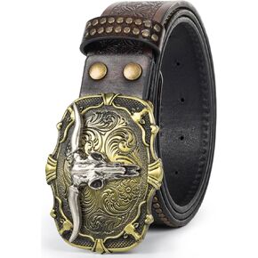 Men's-Western-Leather-Belts Embossed-Carved-Cowboy-Belt with Longhorn Bull Square-Buckle for Jeans Pants