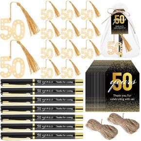 Spakon 50 Set 50th 60th Birthday Souvenirs for Guest Anniversary Party Favor Golden Bookmark Thanks for Coming Pen with Tags