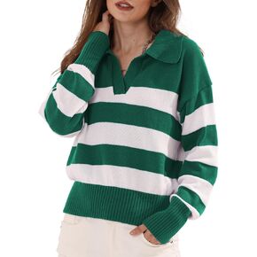 المرأة مخطط بولو سترة العصرية كتلة اللون المحاصيل القمم عادية الخامس الرقبة بلوفر مغزول البلوز قمصان طويلة الأكمام in Kuwait