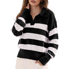 Womens Striped Polo Sweater Trendy Color Block Crop Tops Casual V Neck Knitted Pullover Jumper Shirts Long Sleeve