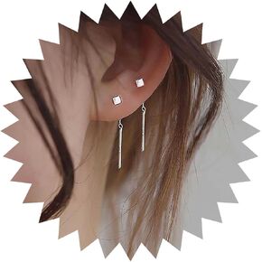 Boho Square Ear Jacket Earrings Vertical Bar Dangle Earrings Silver Cube Stud Earrings Small Square Earrings Double Side Bar Earrings Jewelry for Women