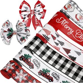AnyDesign 36 Yards Christmas Wired Edge Ribbon 2.5 Inch Farmhouse Craft Ribbon Santa Xmas Tree Truck Snowflake Buffalo Plaids Fabric Ribbon for Gift Wrapping Wreath Bow Decor DIY Crafts, 6 Roll