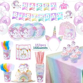 Unicorn Birthday Decorations for Girls – 153 Pcs Unicorn Party Supplies with Plates, Purple & Rainbow Unicorn Party Decorations Set for a Cute & Magical Theme