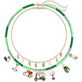CEALXHENY Golf Necklace Earrings for Women Layered Pearl Heishi Choker Necklace Enamel Golf Ball Flag Club Cart Pendant Necklace Golf Dangle Earrings Sport Game Day Golf Jewelry Accessories Gifts