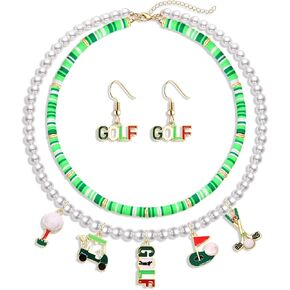 CEALXHENY Golf Necklace Earrings for Women Layered Pearl Heishi Choker Necklace Enamel Golf Ball Flag Club Cart Pendant Necklace Golf Dangle Earrings Sport Game Day Golf Jewelry Accessories Gifts