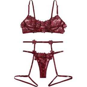 WDIRARA Women's Floral Lace Underwire Lingerie Set Bra and Panty with Garter Plain Burgundy M