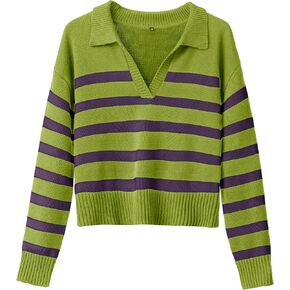 Womens Fall Striped Sweaters Polo V Neck Pullover Long Sleeve Shirts Knit Jumper Tops for 2024 Winter