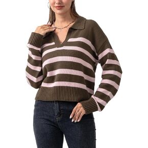 Womens Fall Striped Sweaters Polo V Neck Pullover Long Sleeve Shirts Knit Jumper Tops for 2024 Winter
