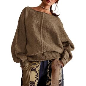Saodimallsu Womens Oversized Pullover Sweater Long Lantern Sleeve Crew Neck Trendy Loose Knit Fall Casual Jumper Tops