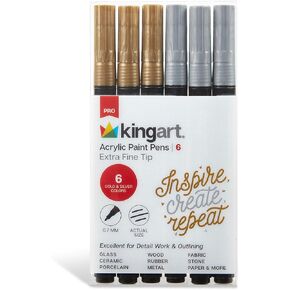 KINGART 453-6B PRO Extra Fine Pt. Metallic Gold & Silver Paint Pens, 0.7mm Tip, 6 Acrylic Paint Markers, Low-Odor & Quick Drying for Rock, Wood, Metal, Plastic, Glass, Ceramic & More, Set of 6