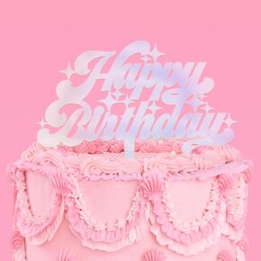 xo, Fetti Happy Birthday Cake Topper - 5" x 7"| Bday Party Decoration, Cake Decor Supplies, Iridescent Party Accessory, Birthday Queen, Finally 21, 30th, 40th, 50th
