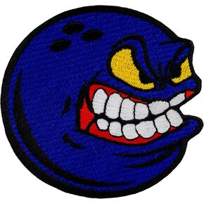 Angry Bowling Ball Embroidered Patch Iron On. Size: 3.5 X 3.5 inches.
