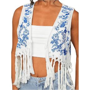 MakeMeChic Women's Fringe Trim Vest Coat Floral Print Open Front Crop Boho Jackets