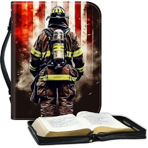 Bible Covers for Women Men, Carrying Book Case Church Bag Bible Protective PU Leather Bible Case with Zippered Pocket,for Standard and Large Size Study Bible 10x7.5x1.9 in,Firefighter American Flag