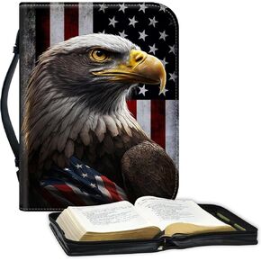 Bible Covers for Women Men, Carrying Book Case Church Bag Bible Protective PU Leather Bible Case with Zippered Pocket,for Standard and Large Size Study Bible 10x7.5x1.9 in,Firefighter American Flag