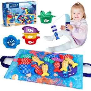 Aliex Montessori Fishing Game for Toddlers 1-3, 22 pcs Cloth Fishing Toy for Toddlers with Stacking Cups - Number Counting, Color Sorting, Baby Fishing Sensory Toy, Gifts for Baby