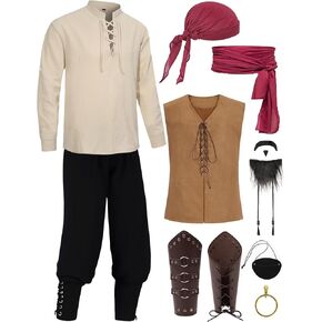 9pcs Adult Pirate Costume Men Medieval Renaissance Viking Cosplay Set Shirt Pants Vest Belt Earring Eye Patch Mustache