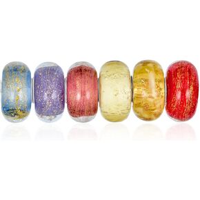 Assorted Bundle Set of Murano Glass 3D Lamp Work Charm Bead Multi Color Green Blue Gold Foil Metallic Hand Painted Stripe Dots Charm Bead For Women Teen .925 Sterling Silver Fits European Bracelet