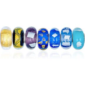 Assorted Bundle Set of Murano Glass 3D Lamp Work Charm Bead Multi Color Green Blue Gold Foil Metallic Hand Painted Stripe Dots Charm Bead For Women Teen .925 Sterling Silver Fits European Bracelet