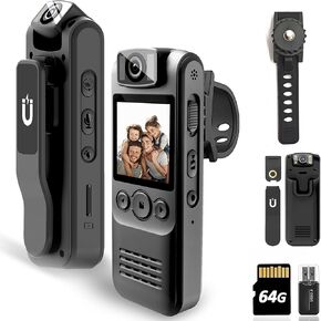 Body Camera with Audio & Video Recording- 64GB 1080P HD Police Cop Cam for Outdoor Law Enforcement Guard Travel Hike Cameras- With 1.4 in-Screen Magnetic Lanyard Flashlight 6HR Battery Life Recorder