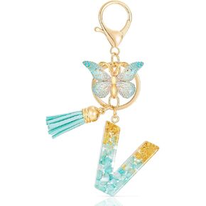 MWOOT Cute Initial Letter M Keyrings Green Key Ring,Capital Alphabet Gold Foil Resin Keychain Charm with Butterfly Tassel Pendant,Fashion Key Chain for Women Adult Gift Purse Bag Handbag Decor(M)
