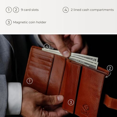 محفظة جلدية للرجال مقاومة للوقت - تصميم محفظة بسيط مع حامل بطاقة الائتمان، حامل عملات مغناطيسية، فتحات للنقود - مؤمنة بزر إغلاق معدني in Kuwait