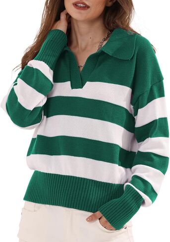 المرأة مخطط بولو سترة العصرية كتلة اللون المحاصيل القمم عادية الخامس الرقبة بلوفر مغزول البلوز قمصان طويلة الأكمام in Kuwait