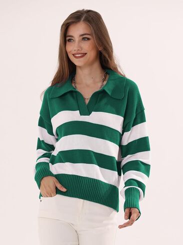 المرأة مخطط بولو سترة العصرية كتلة اللون المحاصيل القمم عادية الخامس الرقبة بلوفر مغزول البلوز قمصان طويلة الأكمام in Kuwait