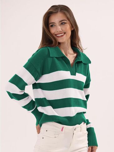 المرأة مخطط بولو سترة العصرية كتلة اللون المحاصيل القمم عادية الخامس الرقبة بلوفر مغزول البلوز قمصان طويلة الأكمام in Kuwait