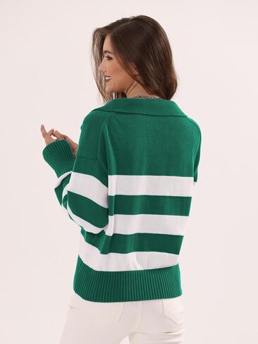 المرأة مخطط بولو سترة العصرية كتلة اللون المحاصيل القمم عادية الخامس الرقبة بلوفر مغزول البلوز قمصان طويلة الأكمام in Kuwait